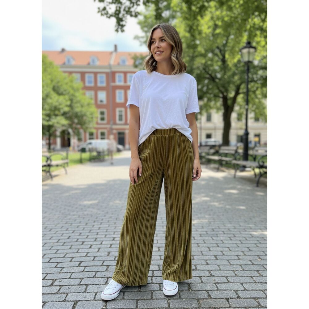 BP Mustard Chartreuse Crushed Velvet Wide Leg Pull-On Trousers Pants Large